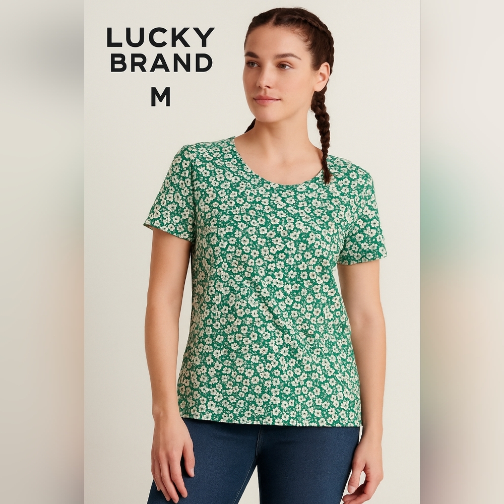 Lucky Brand Women’s Green Floral Short Sleeve T‑Shirt Cotton Modal Size M